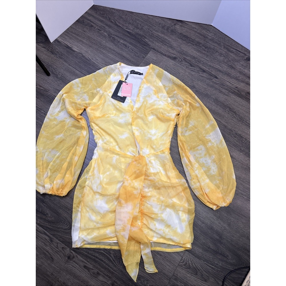 NWT PrettyLittleThing Yellow Tie Dye Chiffon Long Sleeve Bodycon Dress Size 8